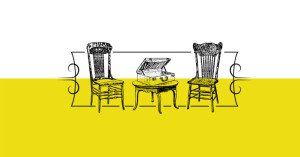 Brownie & Madam illustration: chairs and table with open case