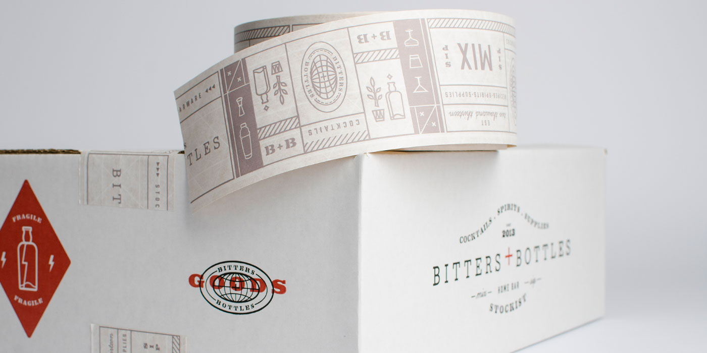 Bitters + Bottles branded shipping tape and box