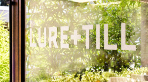Lure + Till window decal with plants backdrop