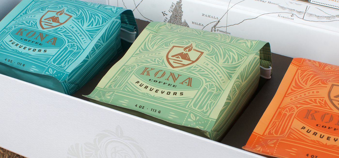 Kona Coffee Purveyors packaging set detail
