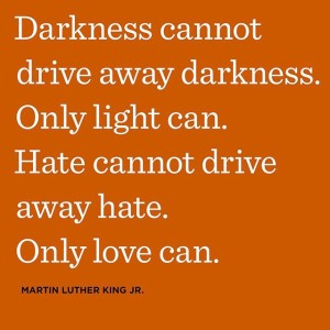 Darkness cannot drive away darkness. Only light can. Hate cannot drive away hate. Only love can. –Martin Luther King Jr.