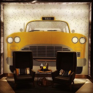 Checker cab mural made of pencils