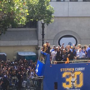 Warriors Parade 2017 Stephen Curry pointing at us in our office (photo Kathryn Hoffman)