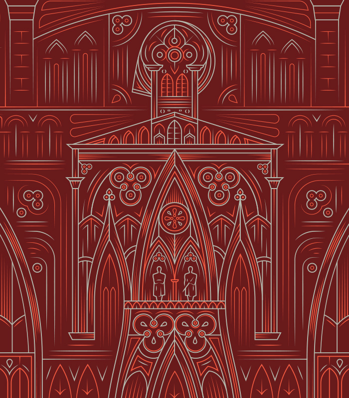 California Freemason illustration: gothic architectural details