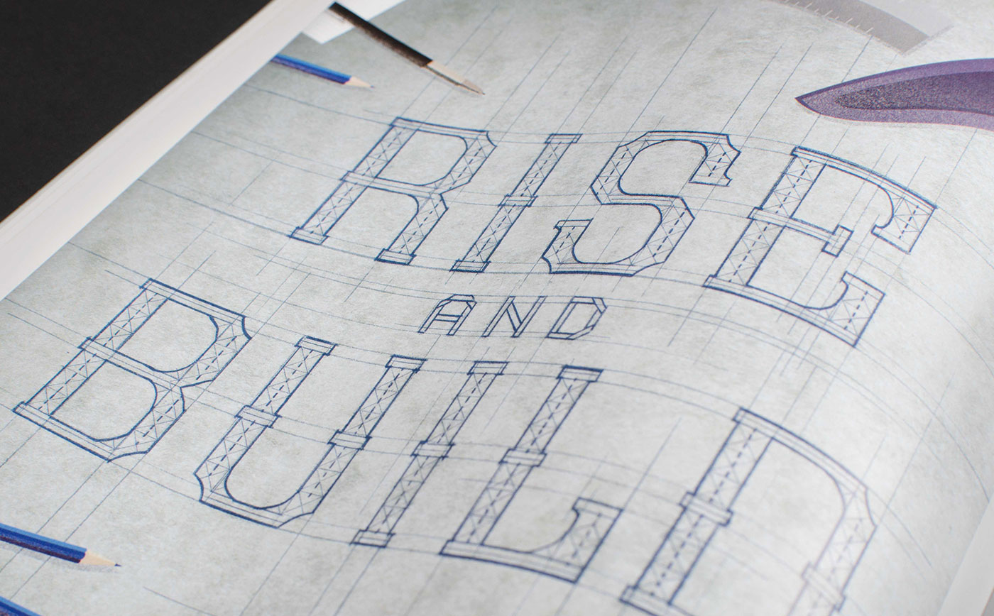 California Freemason illustration: Rise and Build blueprint style