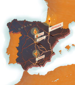 California Freemason illustration: map of Spain and cities aflame