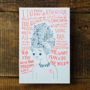 CDA Gratitude letterpress card: Mary Oliver poem with woman and cat and flowers hairstyle