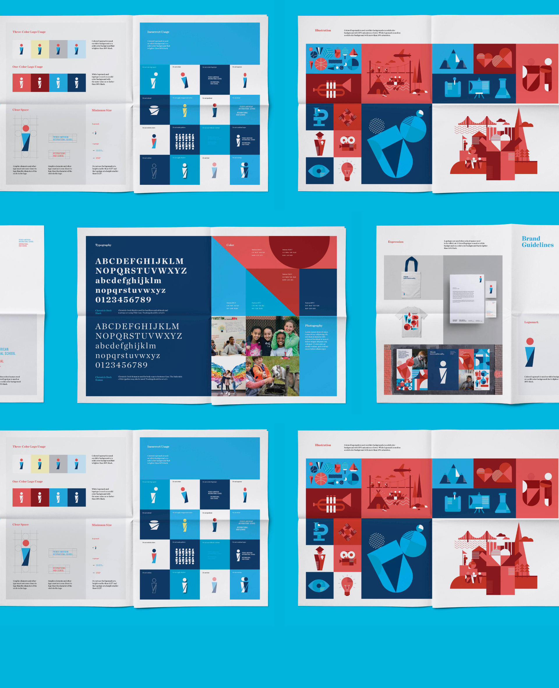 Brand guideline newsprint spreads for French American International School and International High School