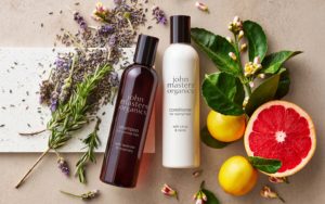 John Masters Organics shampoo and conditioner photography with ingredients