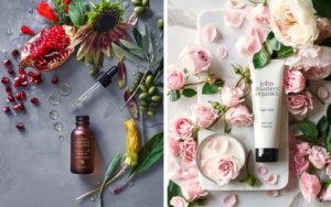 John Masters Organics facial oil and hair milk photography with flowers