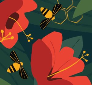 John Masters Organics bee and hibiscus illustration