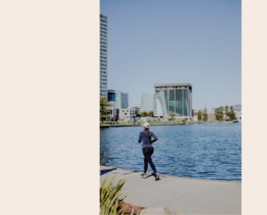 Lake Merritt view of jogger and cathedral