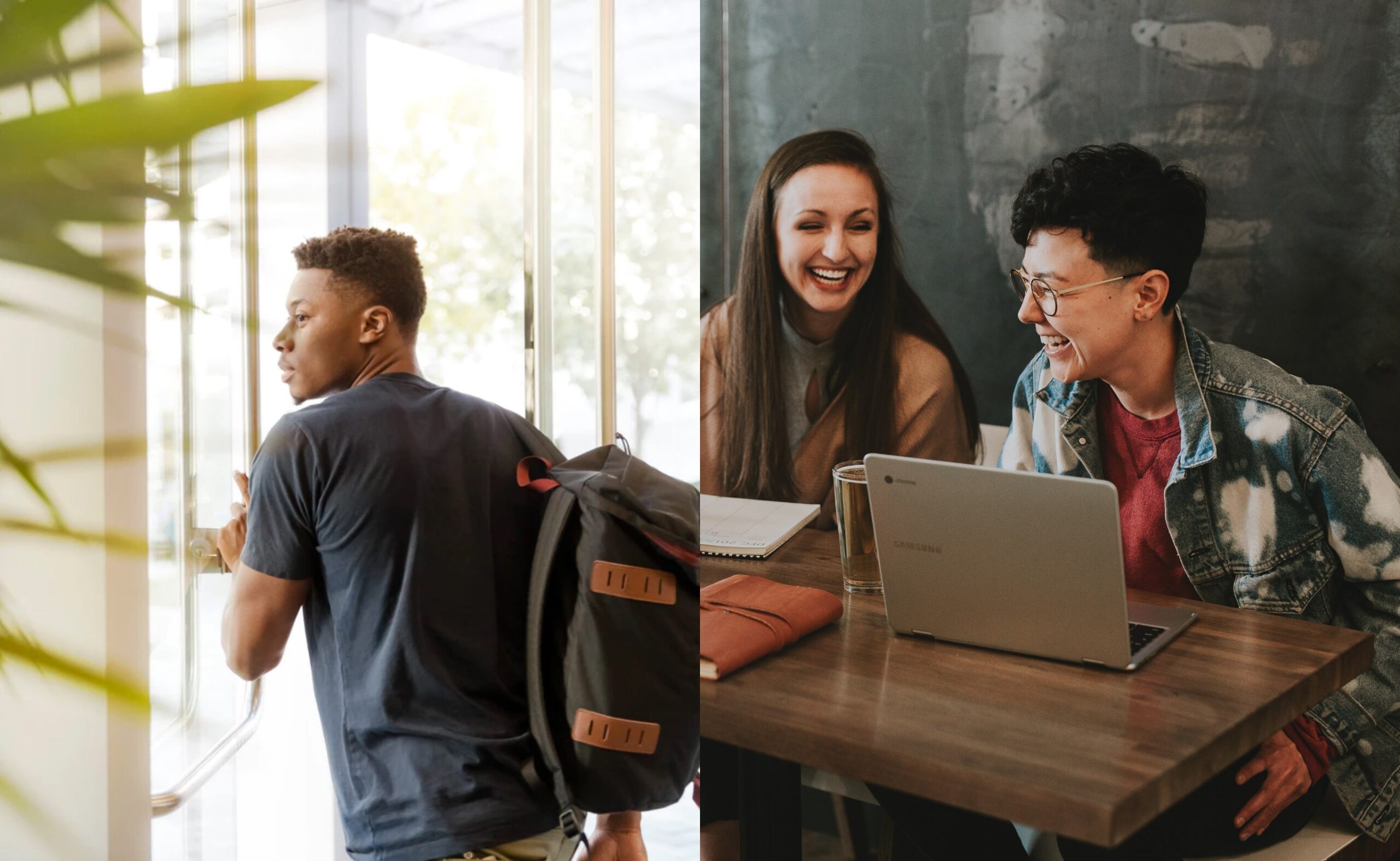 Male student exiting through glass doors; Women laughing at a table with laptop