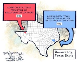 Nick Anderson graphic of Texas with red and blue county speech bubbles comparing ballot drop-off location and population disparity, "Democracy, Texas Style"