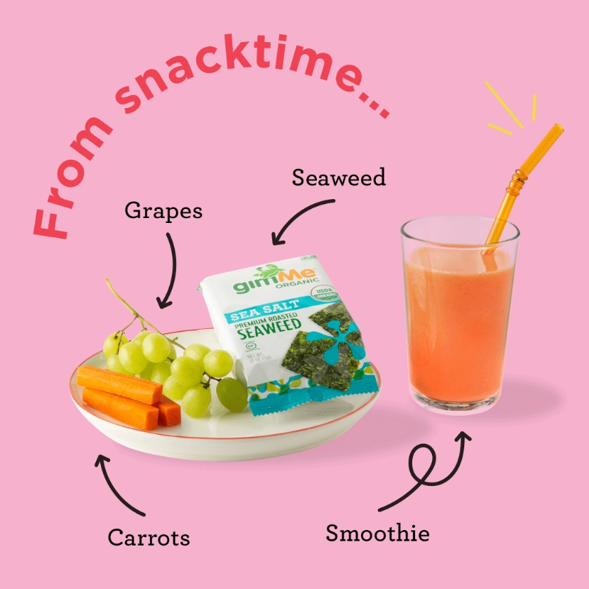 "From snacktime" campaign graphic showing a plate of seaweed, grapes, and carrots next to a smoothie