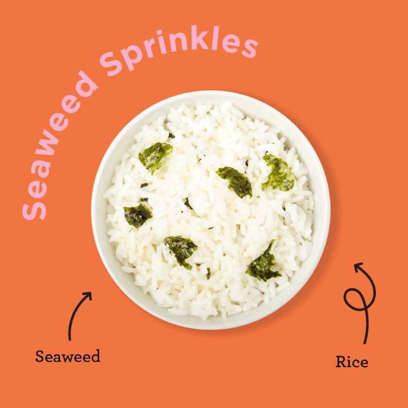 "Seaweed Sprinkles" campaign graphic showing a bowl of white rice topped with seaweed sprinkles