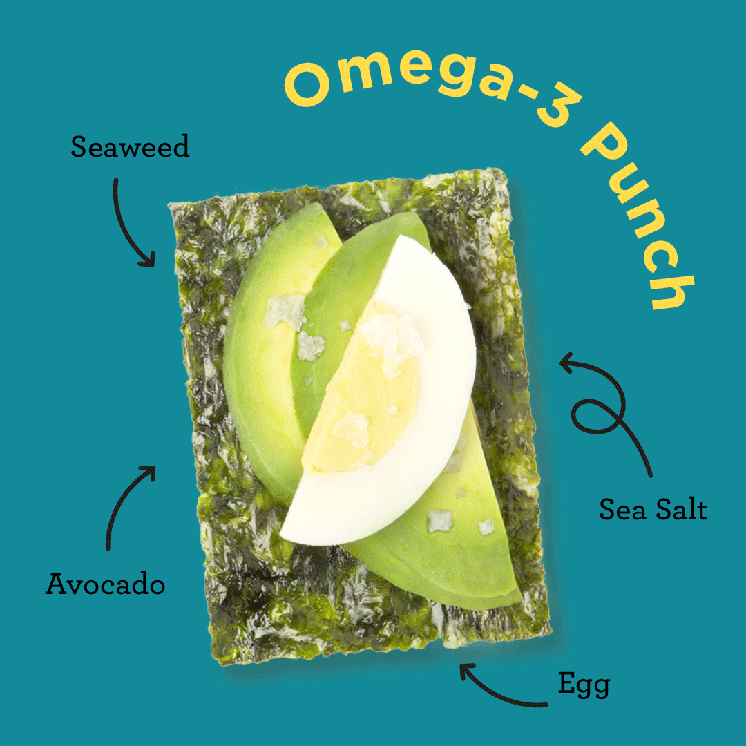 "Omega-3 Punch" campaign graphic showing a square of seaweed topped with slices of avocado, a slice of egg, and sea salt