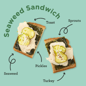 "Seaweed Sandwich" campaign graphic showing two halves of whole wheat toast, each topped with a seaweed slice, turkey slices, pickle slices, and sprouts
