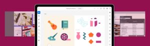 Illustrator on he iPad with in-progress icons, surrounded by InDesign progress shots