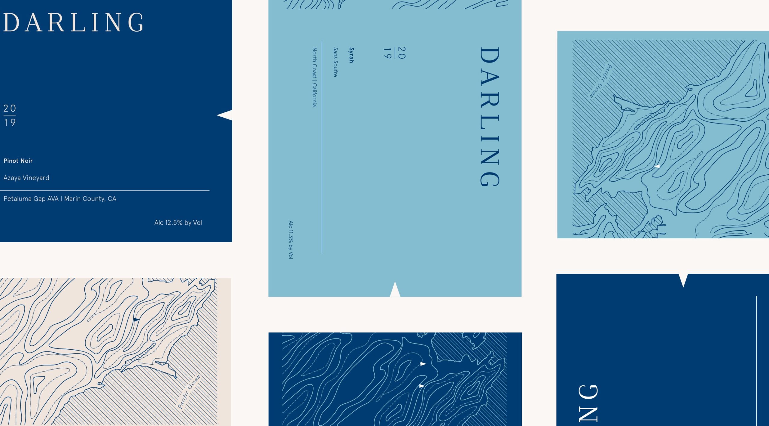 Grid of branded labels for Darling Wines packaging in deep blue, sea blue and cream