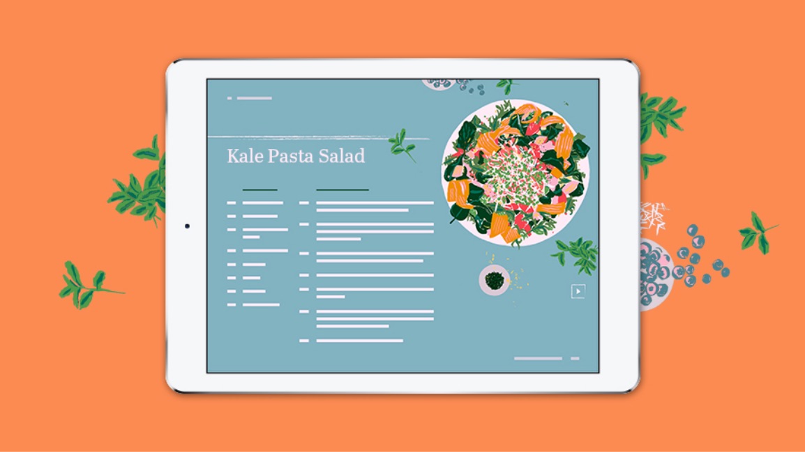 Graphic showing a page from a tablet e-book of recipes for Kale Pasta Salad