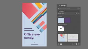 Graphic showing the Libraries panels in Illustrator next to a social media banner selling office supplies