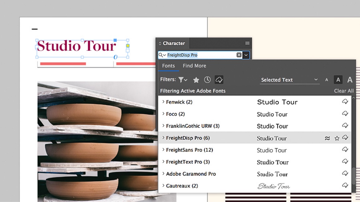 Graphic showing the Character panel and the Fonts dropdown next to a spread from a creator's magazine