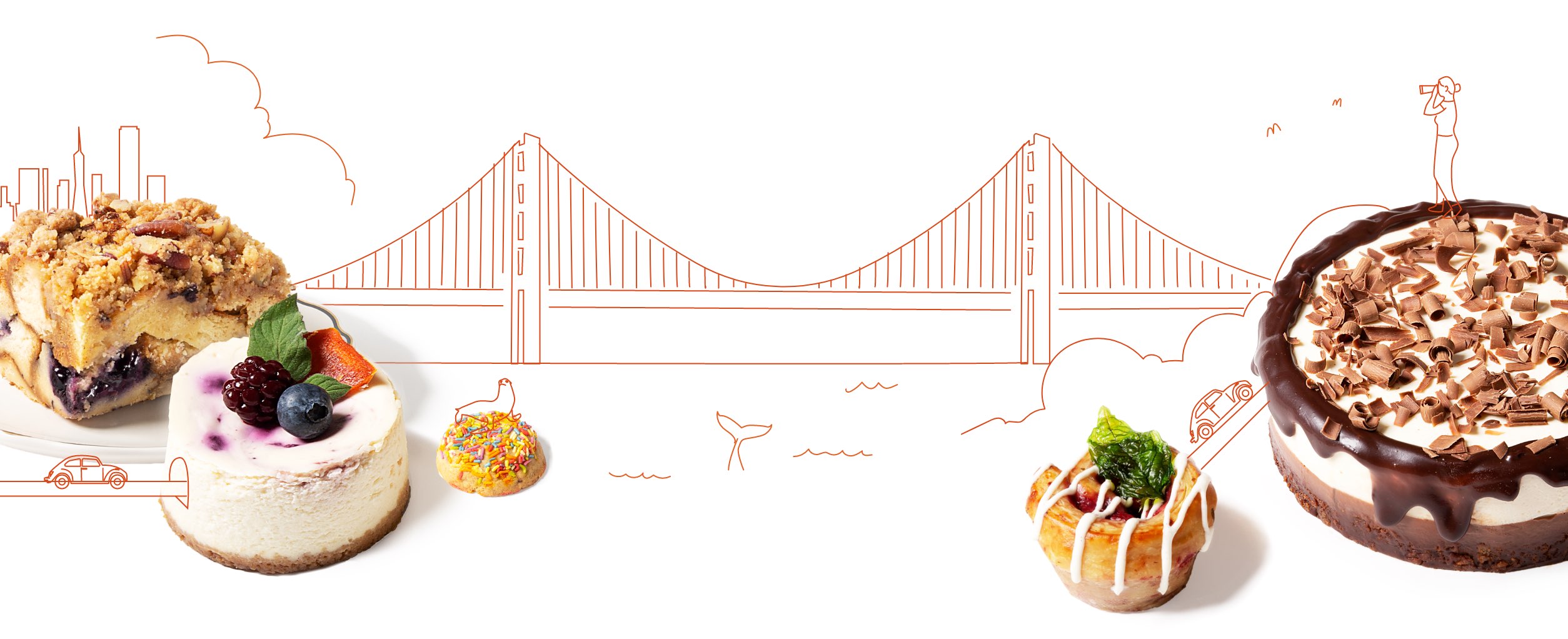 Flour & Branch branded illustration of Golden Gate Bridge playful scene layered with dessert product photos