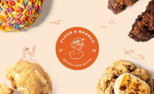 Flour & Branch logo lockup with large crops of cookies and whimsical illustrations