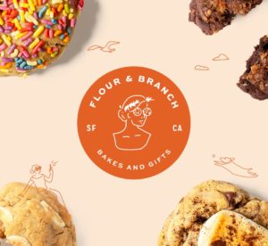 Flour & Branch logo lockup with large crops of cookies and whimsical illustrations