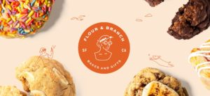 Flour & Branch logo lockup with large crops of cookies and whimsical illustrations