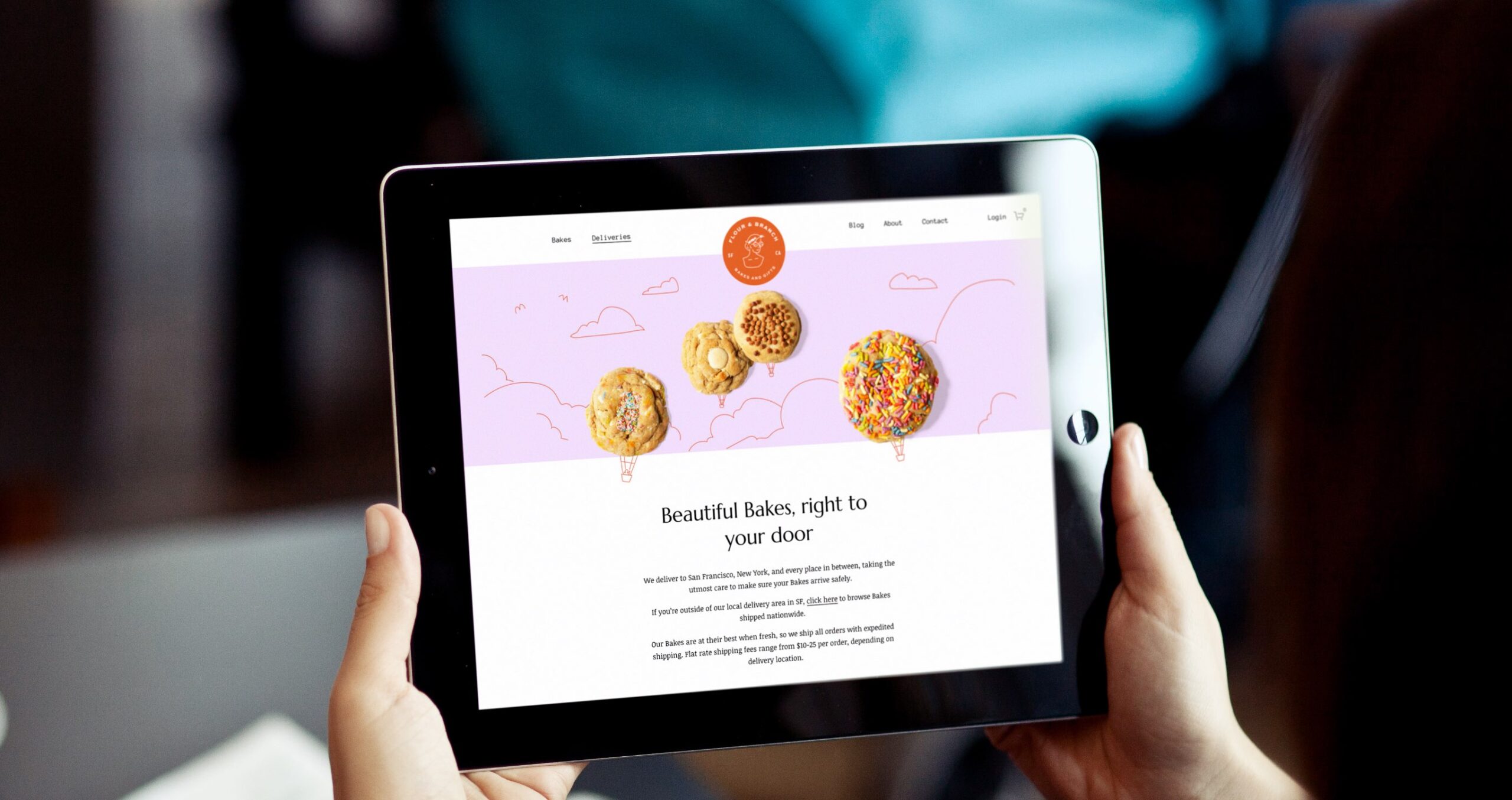 Photo of Flour & Branch website on an iPad with customized hero banner featuring illustrations and cookie photography