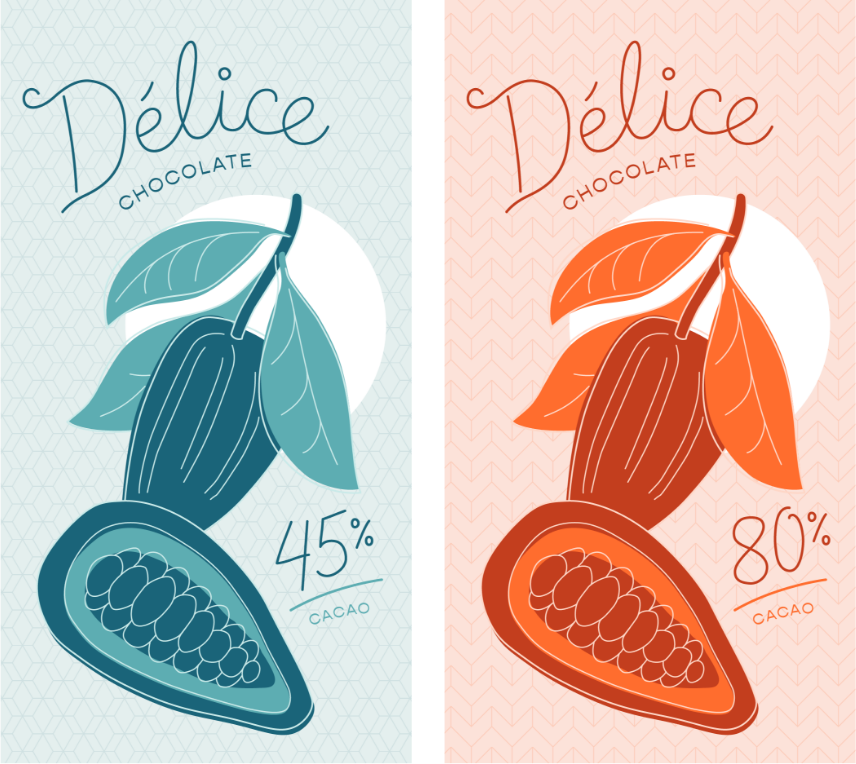 Mock packaging for two bars of chocolate for the fictional Delice Chocolates