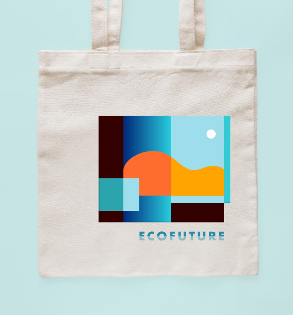 Mock design for a white tote bag with branded artwork for a fictional EcoFuture conference