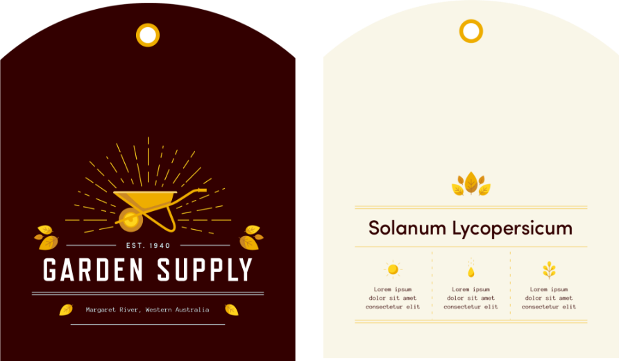Mock packaging tags for a fictional garden supply store in a limited palette of brown, yellow, and light blue