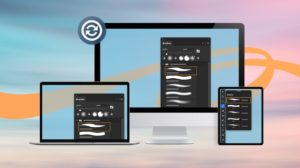 Adobe What's New graphic for Recolor Artwork feature in Photoshop showing the Brushes panel on desktop, laptop, and mobile