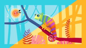 Adobe What's New graphic for Recolor Artwork feature in Illustrator showing a chameleon illustration in cool and warm color palettes