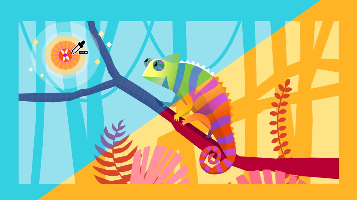 What's New graphic for Recolor Artwork feature in Illustrator showing a chameleon illustration in cool and warm color palettes