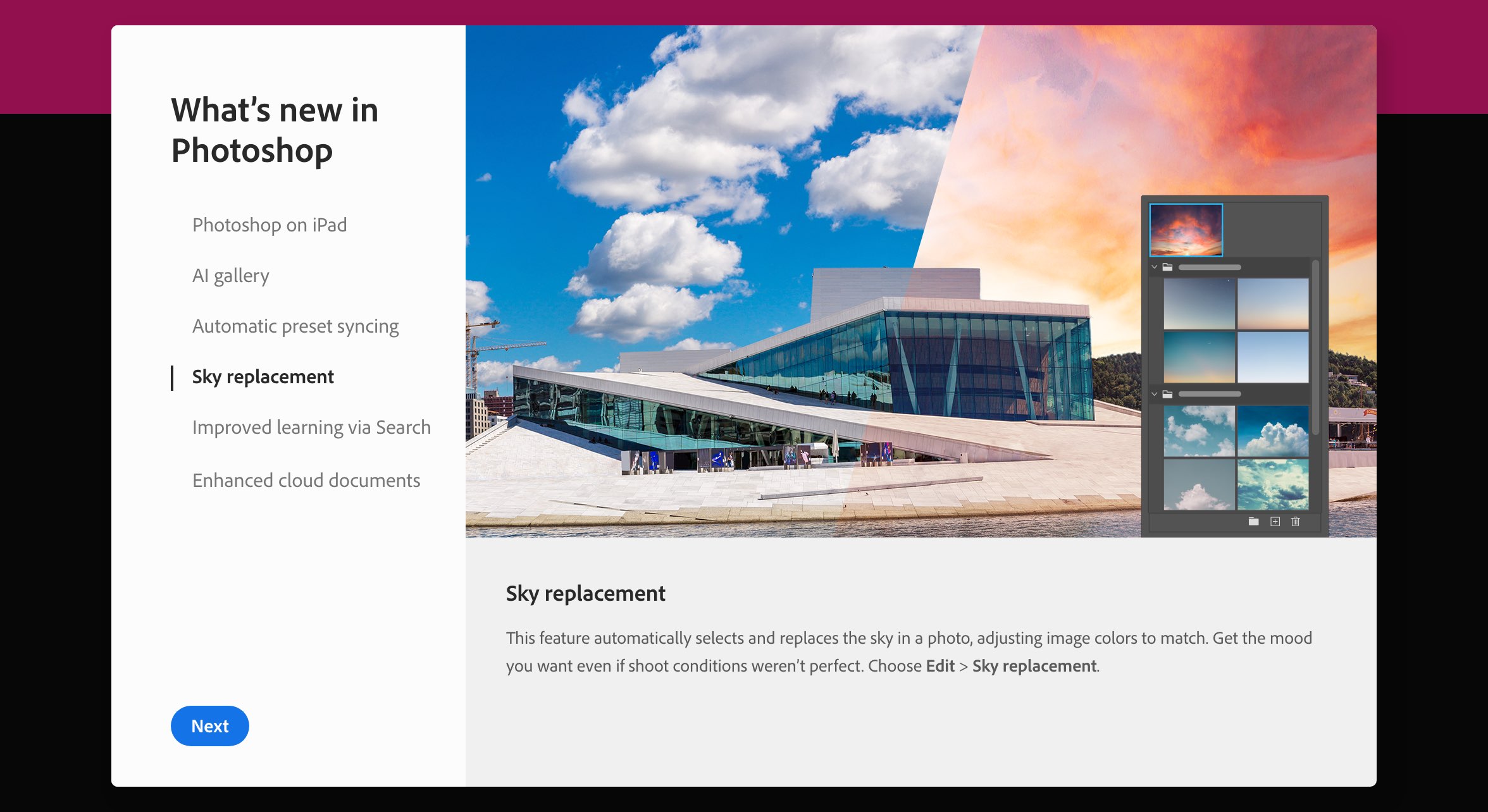 What’s New modal window in Photoshop 2021 showing the Sky Replacement feature