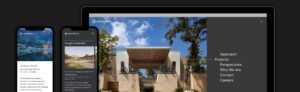 SB Architects desktop and mobile views of dynamic navigation, Calistoga Ranch, and Thought Leadership web pages