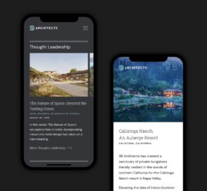 SB Architects mobile views of Thought Leadership and Calistoga Ranch web pages