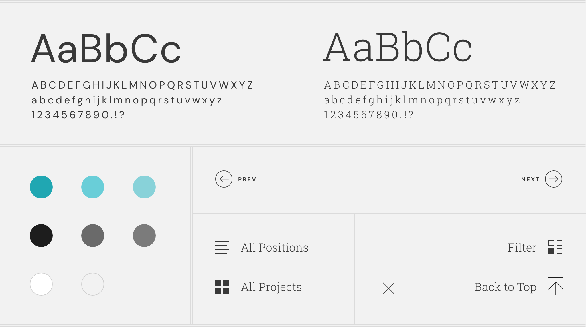 Grid showing website typography, color, and icon systems