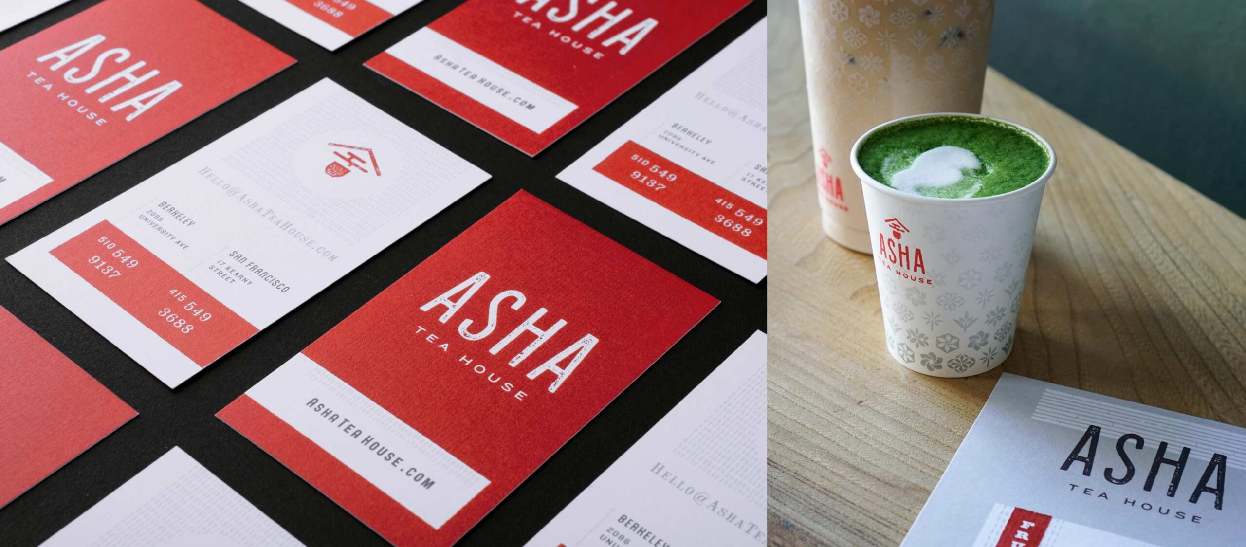 Business cards, paper cup designs, menu for Asha Tea House