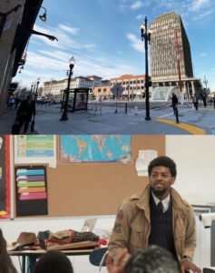 Photos of urban street corner and male teacher in a classroom