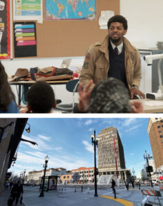 Photos of male teacher in a classroom and urban street corner.