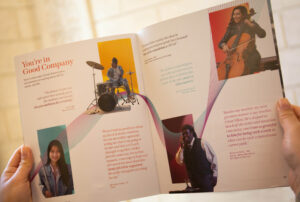 You're in Good Company. Photos of music students and quotes. Interior spread of San Francisco Conservatory of Music lookbook.