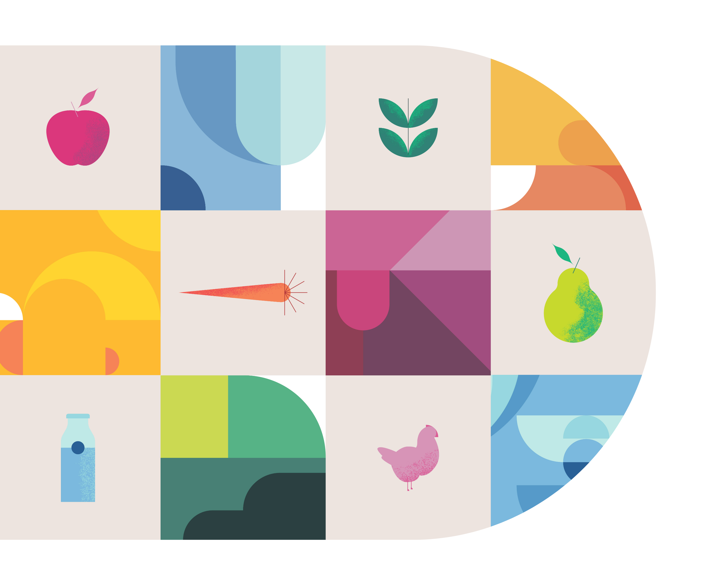 Grid of colorful food illustrations for Raley's