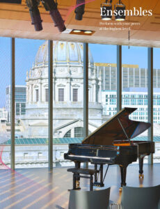 Ensembles. Photo of grand piano and view of City Hall. Interior page of San Francisco Conservatory of Music lookbook.