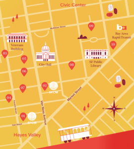 Custom illustrated map of SF Arts District. Interior detail of San Francisco Conservatory of Music lookbook.