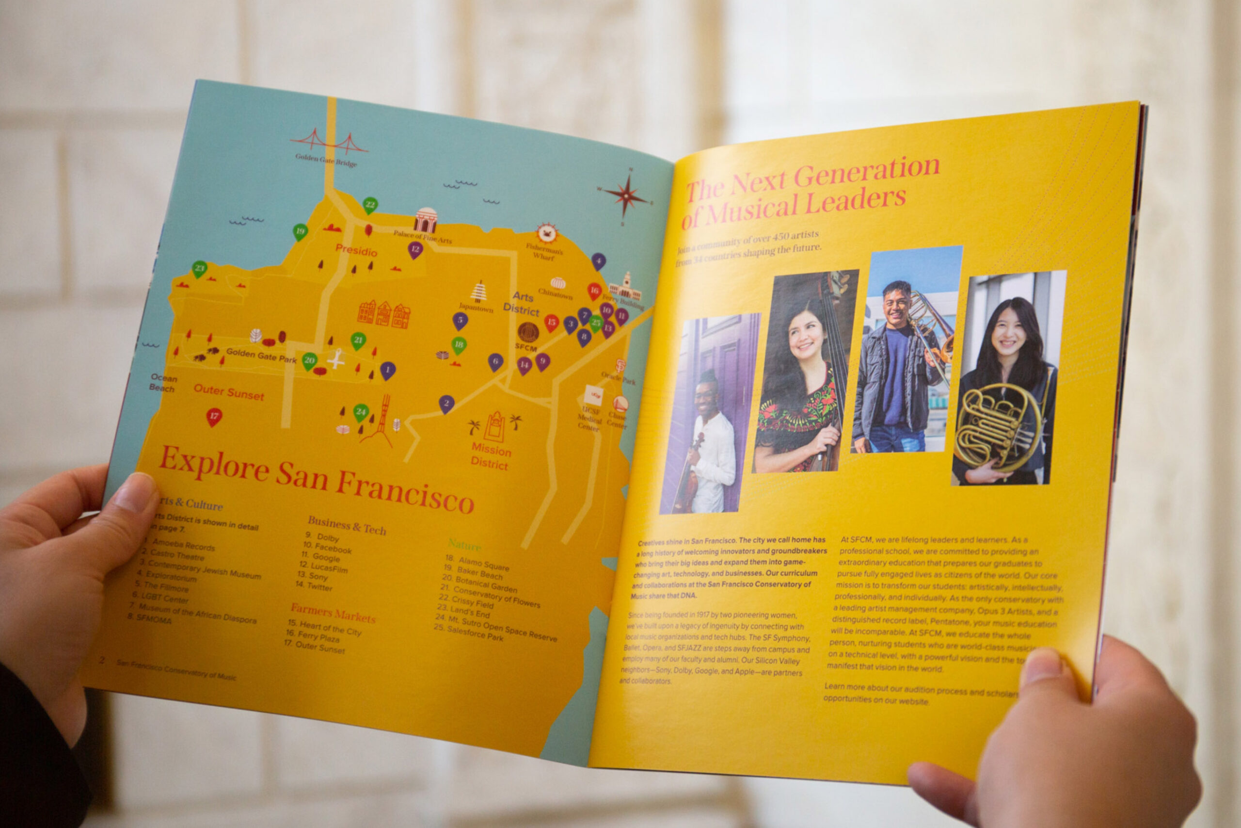 Custom illustrated map of SF. The Next Generation of Musical Leaders. Interior spread of San Francisco Conservatory of Music lookbook.